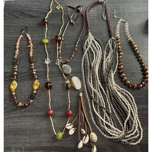 VTG Lot Of 5 Beaded Statement Necklaces One Chicos One‎ Owl Shells Brown Tones